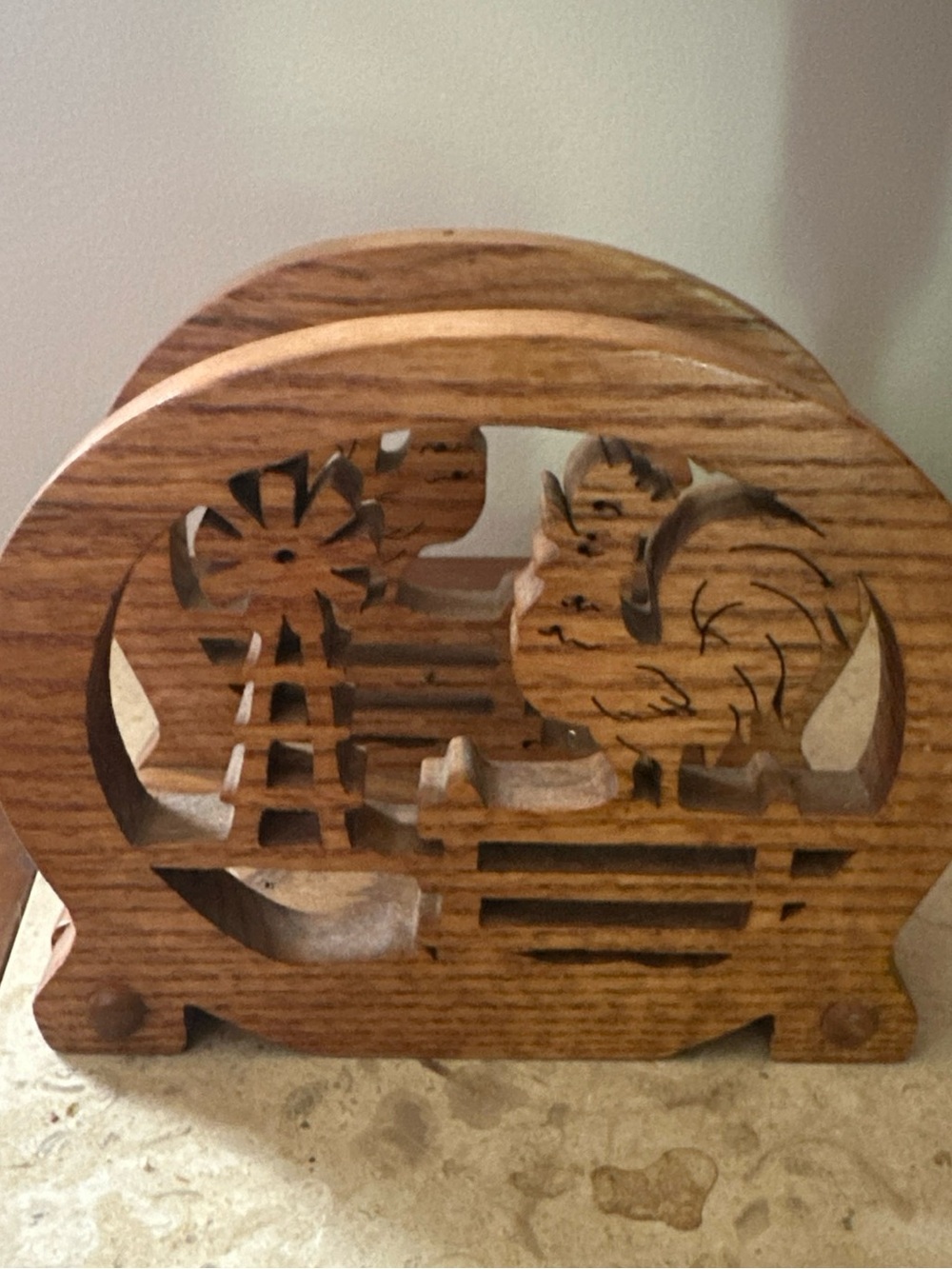 Wood Carved Rooster Napkin Holder - Brown